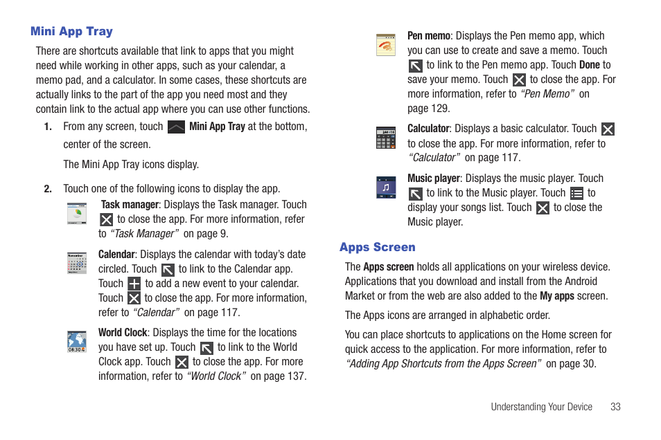 Mini app tray, Apps screen, Mini app tray apps screen | Samsung GT-P6210 User Manual | Page 37 / 200