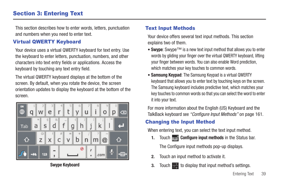 Section 3: entering text, Virtual qwerty keyboard, Text input methods | Changing the input method | Samsung GT-P6210 User Manual | Page 43 / 200