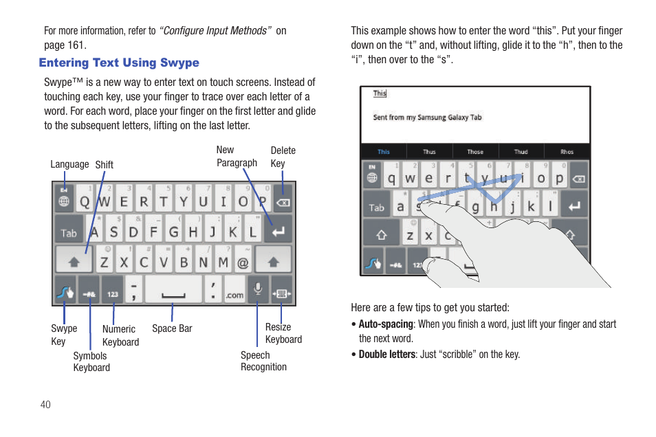 Entering text using swype | Samsung GT-P6210 User Manual | Page 44 / 200