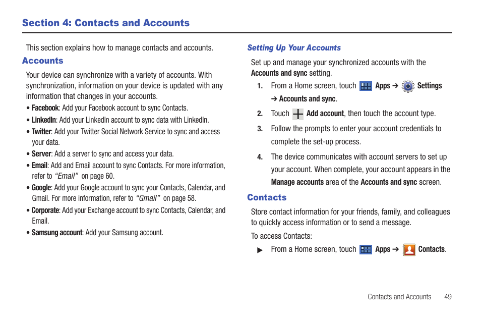 Section 4: contacts and accounts, Accounts, Contacts | Accounts contacts | Samsung GT-P6210 User Manual | Page 53 / 200