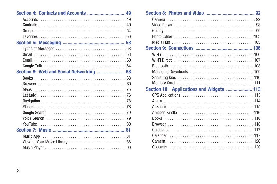 Section 4: contacts and accounts 49, Section 5: messaging 58, Section 6: web and social networking 68 | Section 7: music 81, Section 8: photos and video 92, Section 9: connections 106, Section 10: applications and widgets 113 | Samsung GT-P6210 User Manual | Page 6 / 200