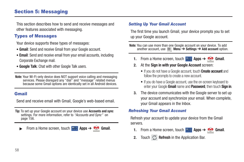 Section 5: messaging, Types of messages, Gmail | Types of messages gmail, For more information, refer to | Samsung GT-P6210 User Manual | Page 62 / 200