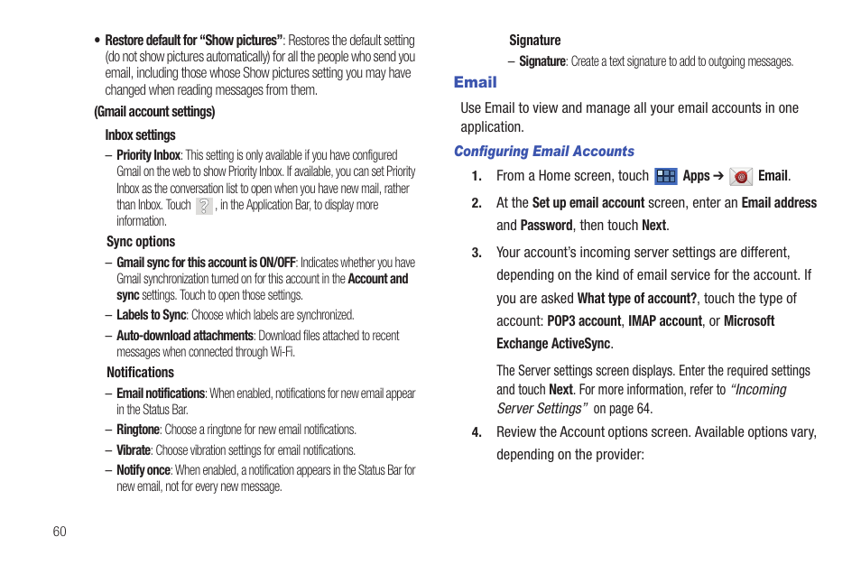 Email, Inbox. for more information, refer to | Samsung GT-P6210 User Manual | Page 64 / 200