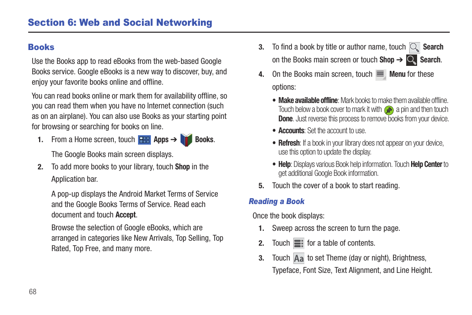 Section 6: web and social networking, Books, S. for more information, refer to “books” on | Samsung GT-P6210 User Manual | Page 72 / 200