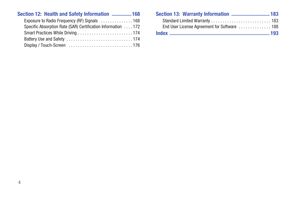 Section 12: health and safety information 168, Section 13: warranty information 183 | Samsung GT-P6210 User Manual | Page 8 / 200