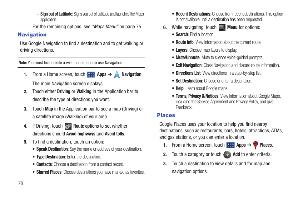 Navigation, Places, Navigation places | Samsung GT-P6210 User Manual | Page 82 / 200