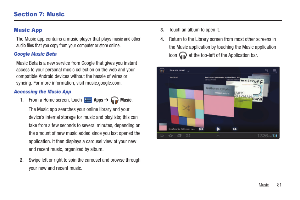 Section 7: music, Music app | Samsung GT-P6210 User Manual | Page 85 / 200