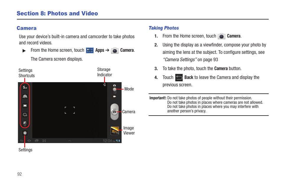 Section 8: photos and video, Camera | Samsung GT-P6210 User Manual | Page 96 / 200