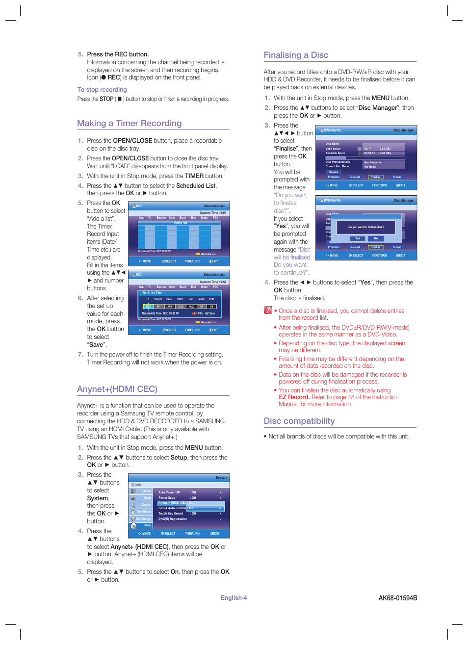 Making a timer recording, Anynet+(hdmi cec), Finalising a disc | Disc compatibility | Samsung 895M User Manual | Page 4 / 4
