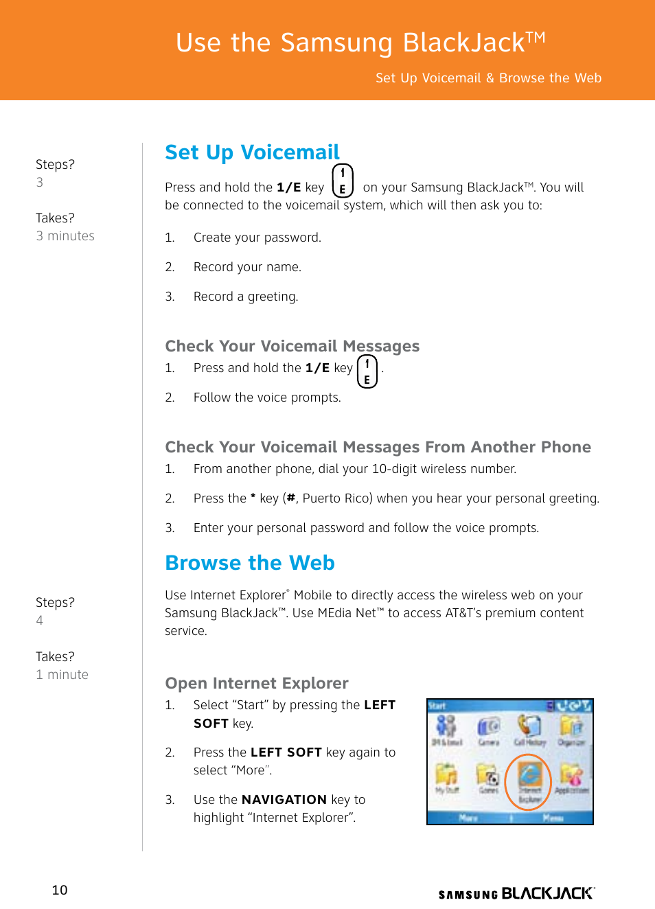 Use the samsung blackjack, Set up voicemail, Browse the web | Check your voicemail messages, Check your voicemail messages from another phone, Open internet explorer | Samsung BlackJack User Manual | Page 10 / 38
