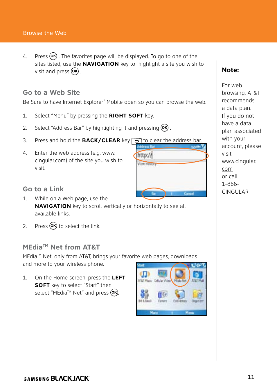 Go to a web site, Go to a link, Media | Net from at&t | Samsung BlackJack User Manual | Page 11 / 38