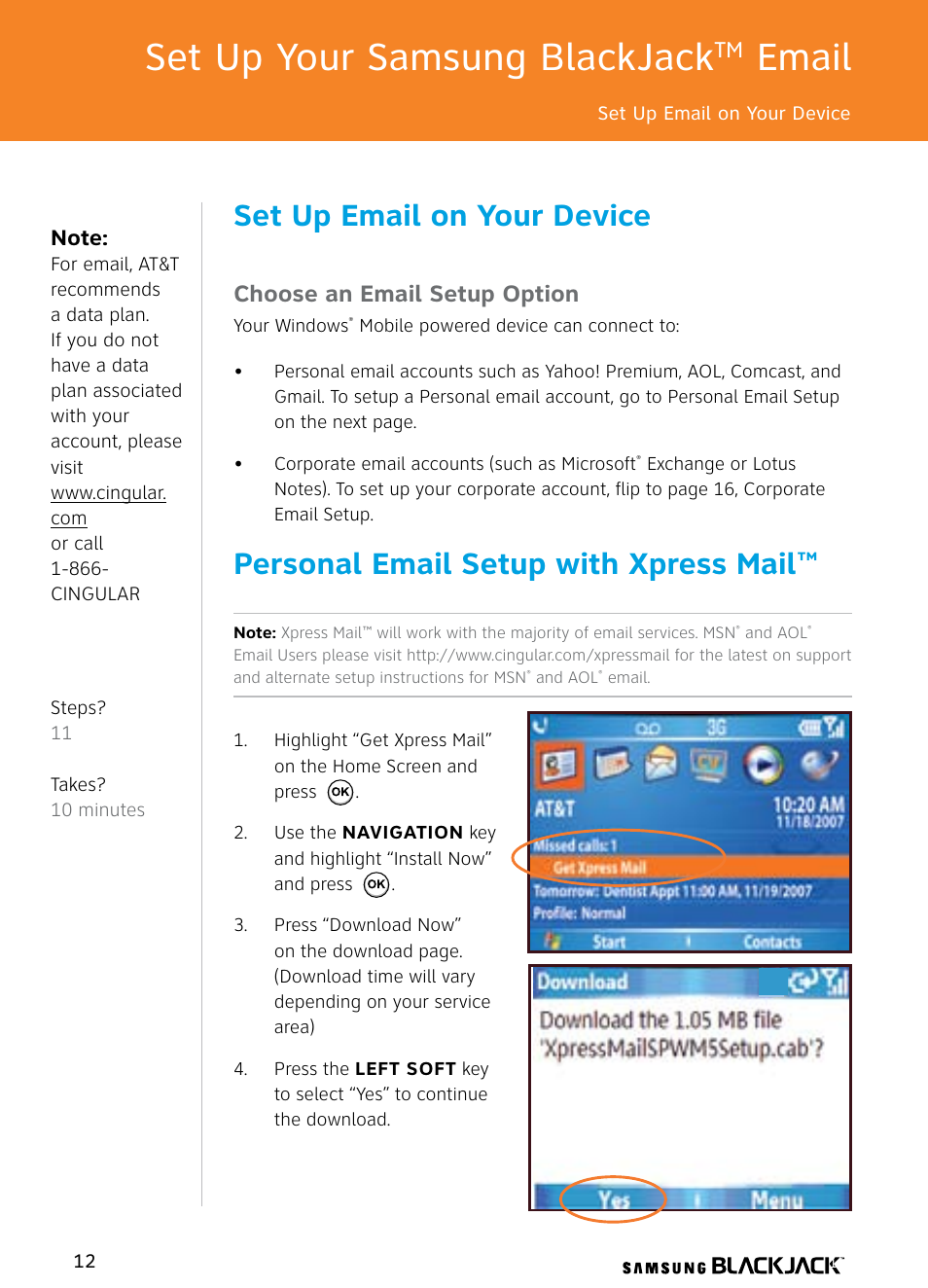 Set up your samsung blackjack, Email, Set up email on your device | Personal email setup with xpress mail, Choose an email setup option | Samsung BlackJack User Manual | Page 12 / 38