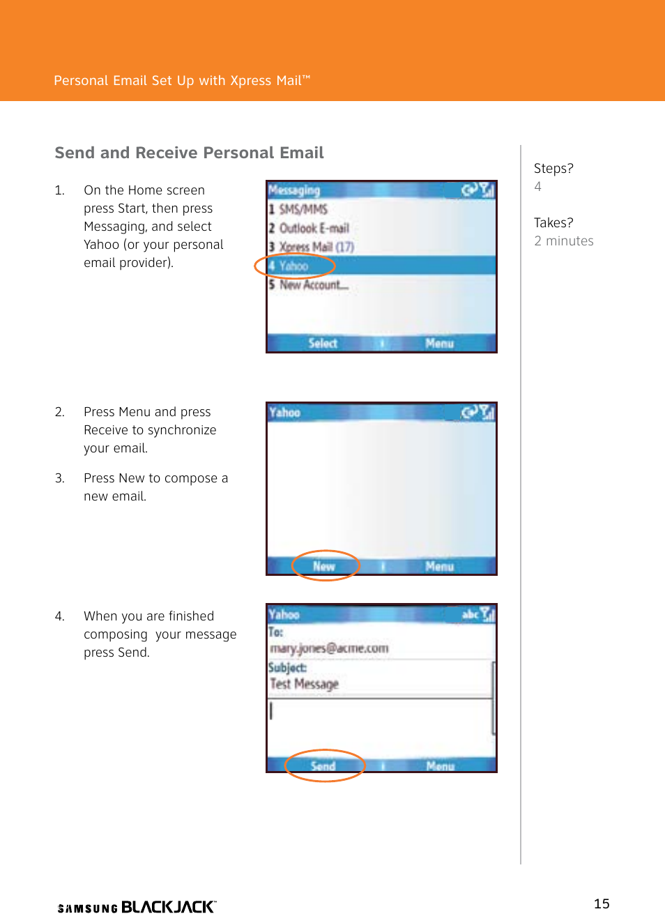 Send and receive personal email | Samsung BlackJack User Manual | Page 15 / 38