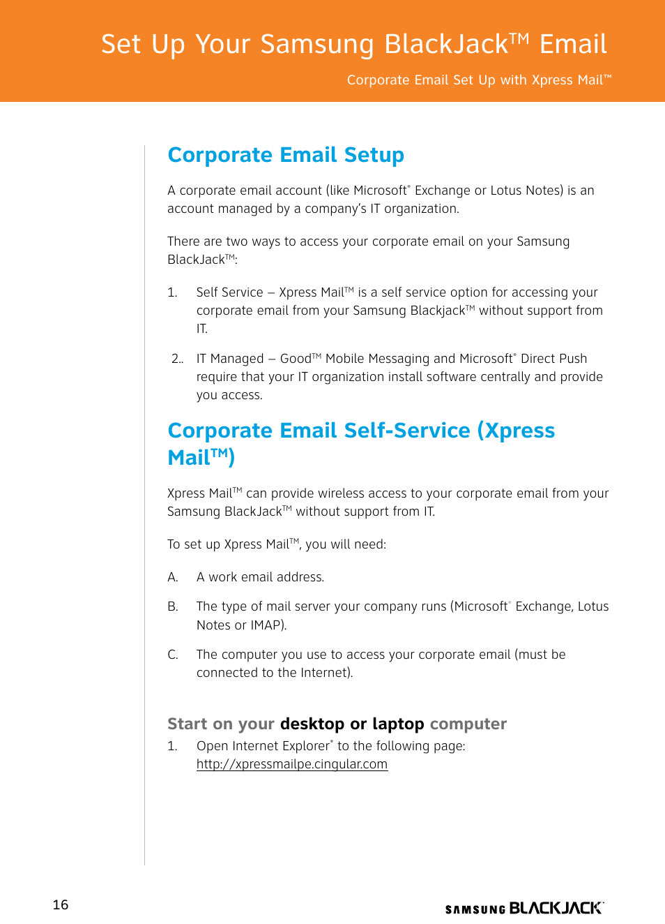 Set up your samsung blackjack, Email, Corporate email setup | Corporate email self-service (xpress mail, Start on your desktop or laptop computer | Samsung BlackJack User Manual | Page 16 / 38