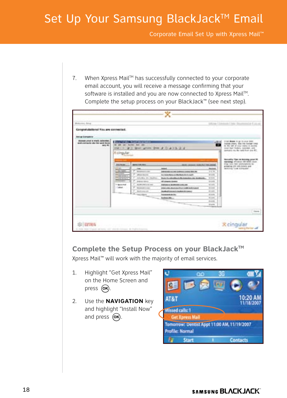 Set up your samsung blackjack, Email, Complete the setup process on your blackjack | Samsung BlackJack User Manual | Page 18 / 38