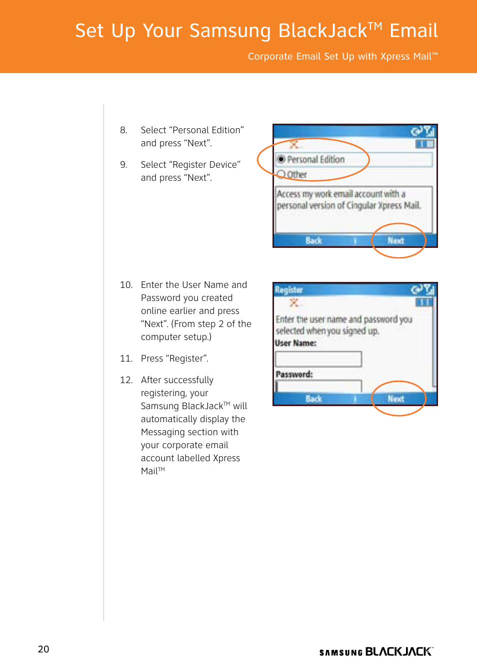 Set up your samsung blackjack, Email | Samsung BlackJack User Manual | Page 20 / 38