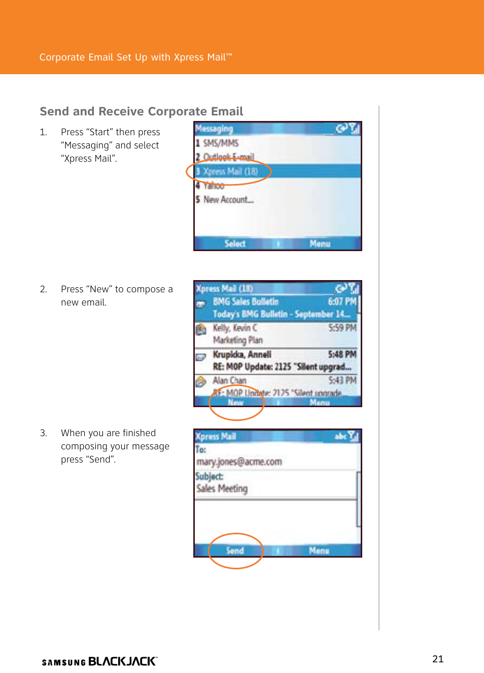 Send and receive corporate email | Samsung BlackJack User Manual | Page 21 / 38