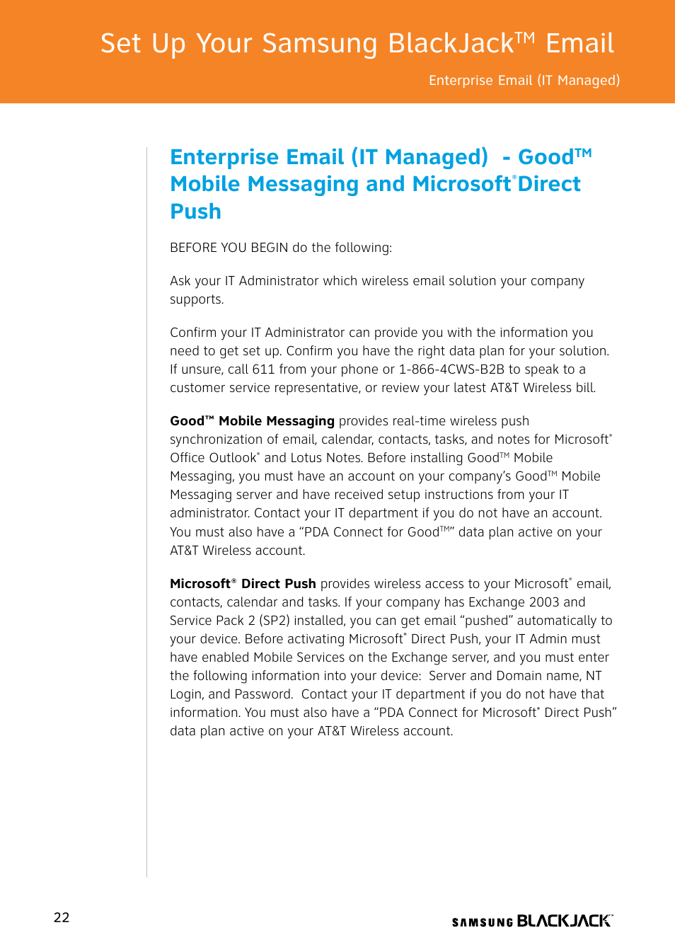 Set up your samsung blackjack, Email, Enterprise email (it managed) - good | Mobile messaging and microsoft, Direct push | Samsung BlackJack User Manual | Page 22 / 38