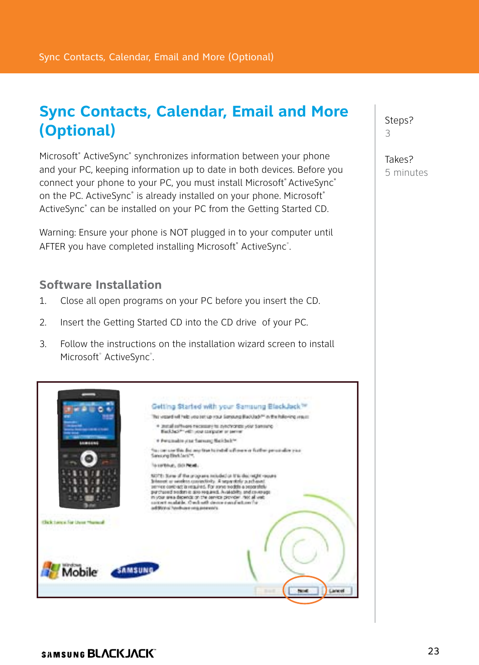 Sync contacts, calendar, email and more (optional), Software installation | Samsung BlackJack User Manual | Page 23 / 38