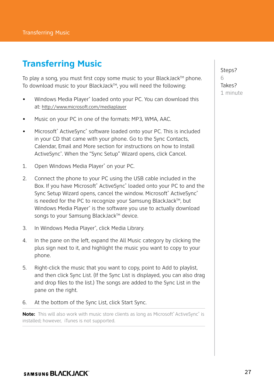 Transferring music | Samsung BlackJack User Manual | Page 27 / 38