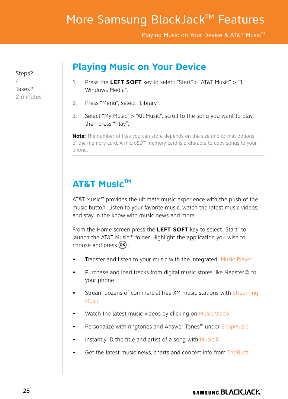 More samsung blackjack, Features, Playing music on your device | At&t music | Samsung BlackJack User Manual | Page 28 / 38