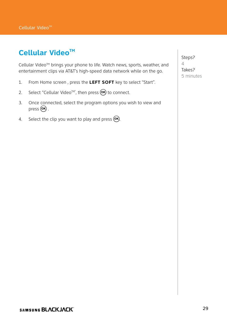 Cellular video | Samsung BlackJack User Manual | Page 29 / 38