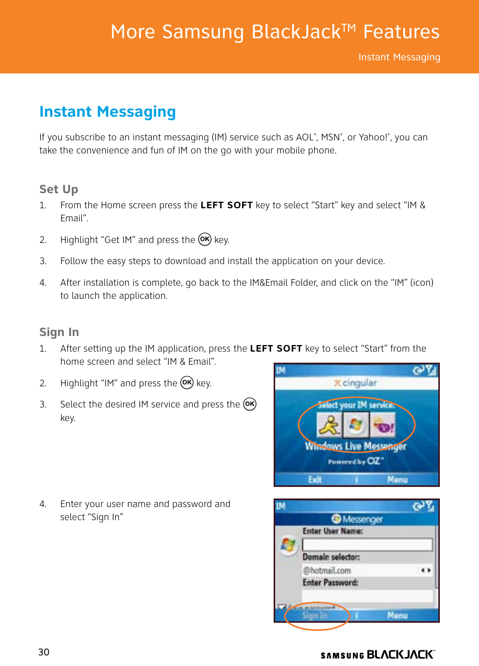 More samsung blackjack, Features, Instant messaging | Set up, Sign in | Samsung BlackJack User Manual | Page 30 / 38