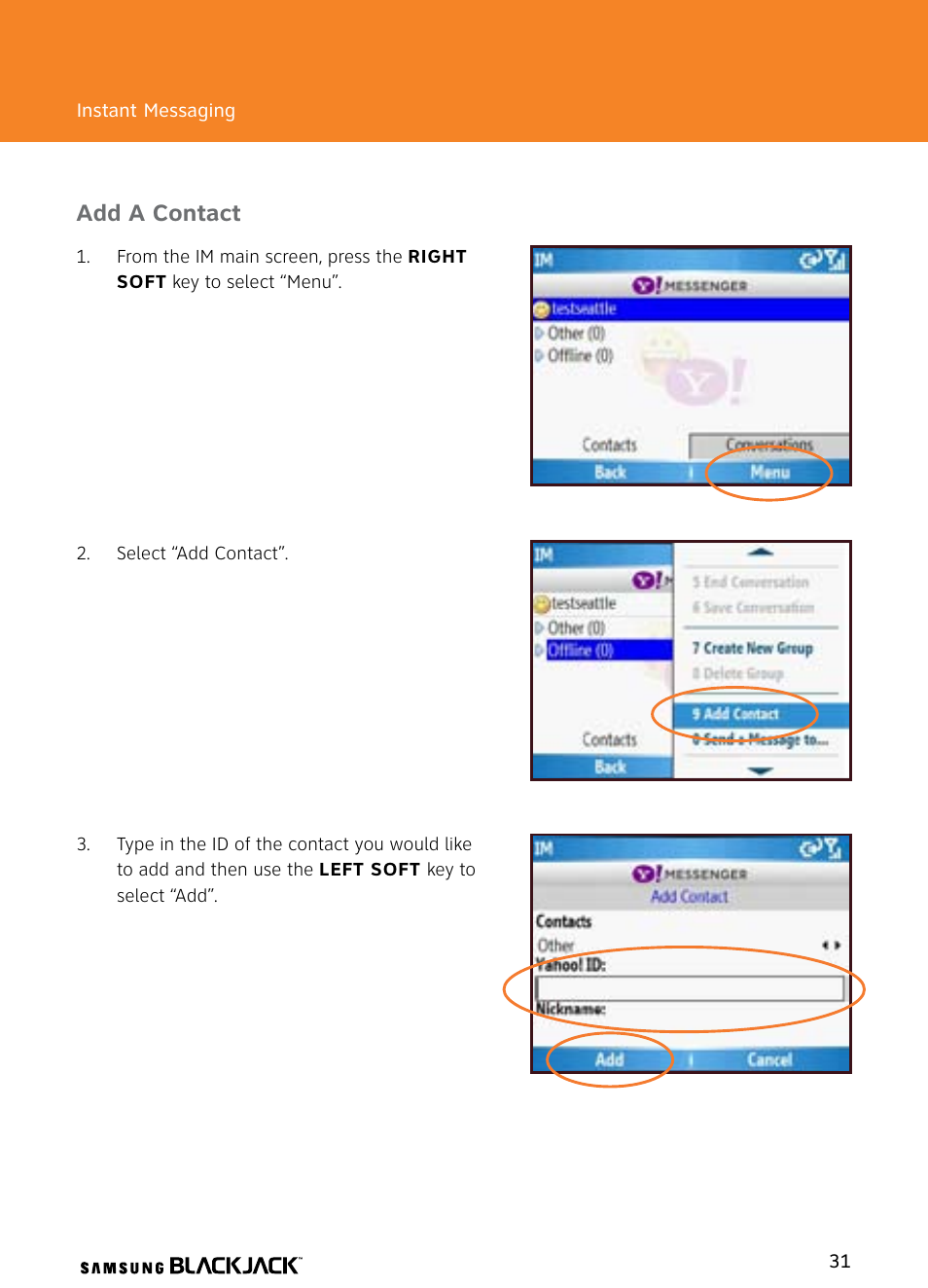 Add a contact | Samsung BlackJack User Manual | Page 31 / 38