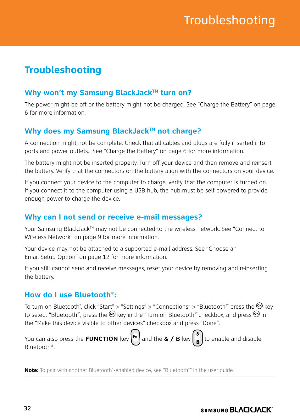 Troubleshooting, Why won’t my samsung blackjack, Turn on | Why does my samsung blackjack, Not charge, Why can i not send or receive e-mail messages, How do i use bluetooth | Samsung BlackJack User Manual | Page 32 / 38