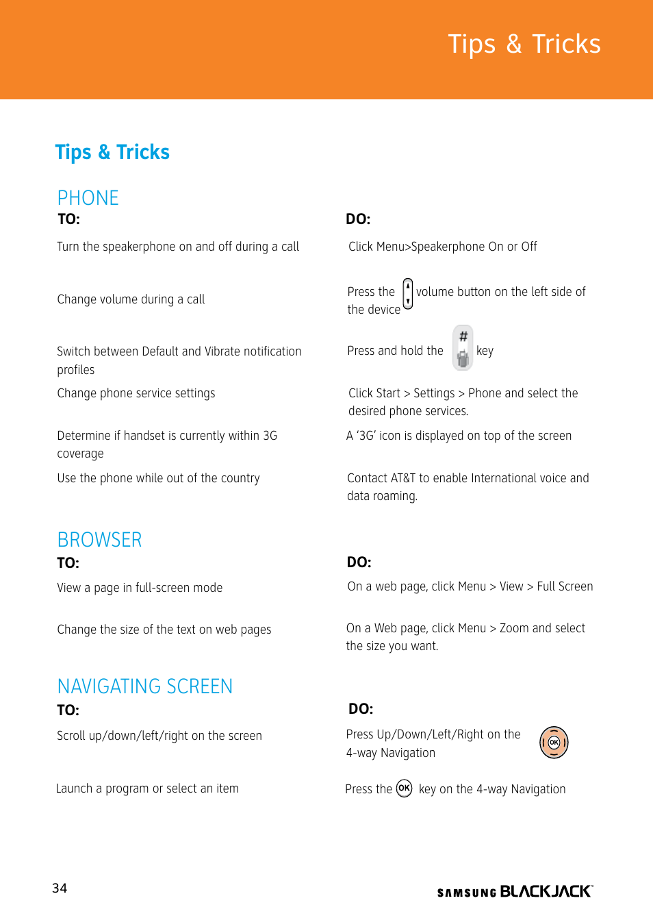 Phone, Browser, Navigating screen | Tips & tricks | Samsung BlackJack User Manual | Page 34 / 38