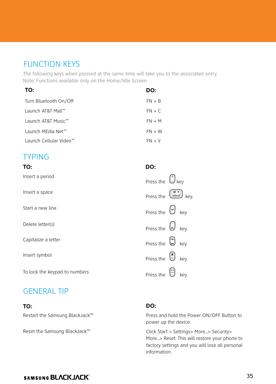 Typing, General tip, Function keys | Samsung BlackJack User Manual | Page 35 / 38