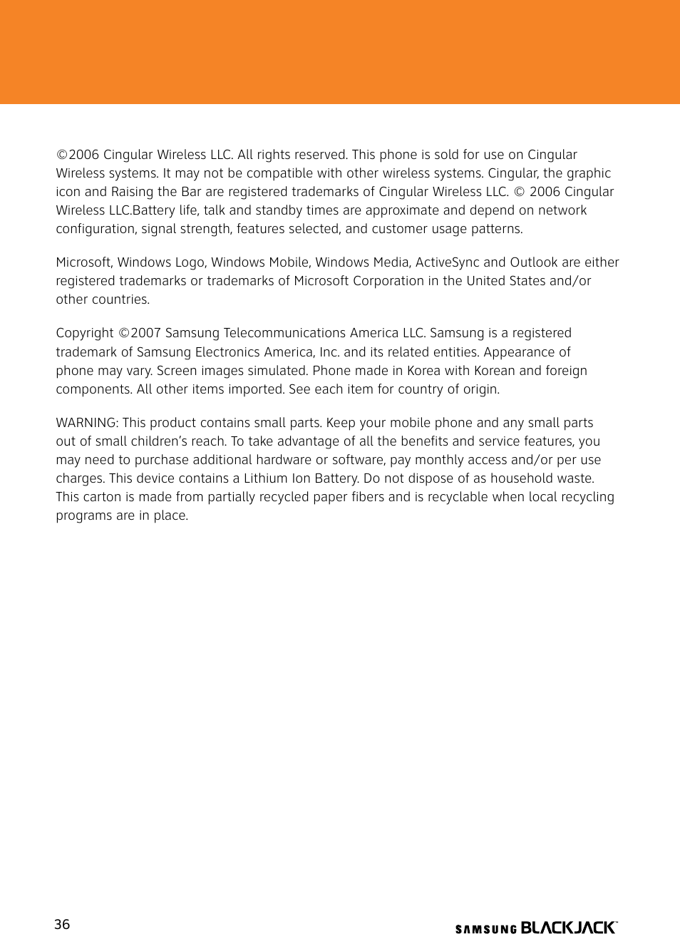 Samsung BlackJack User Manual | Page 36 / 38