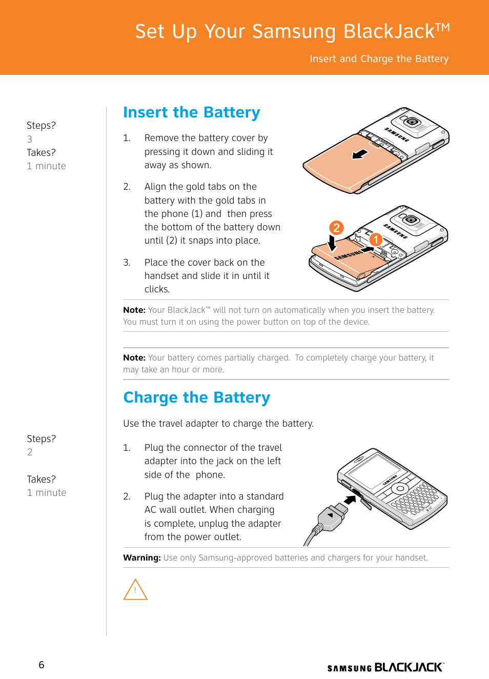 Set up your samsung blackjack, Insert the battery, Charge the battery | Samsung BlackJack User Manual | Page 6 / 38