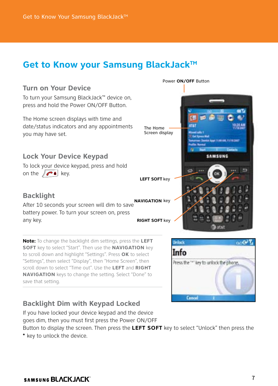 Get to know your samsung blackjack, Turn on your device, Lock your device keypad | Backlight, Backlight dim with keypad locked | Samsung BlackJack User Manual | Page 7 / 38