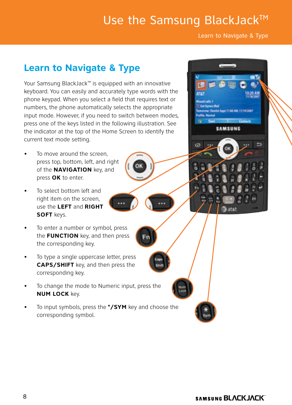 Use the samsung blackjack, Learn to navigate & type | Samsung BlackJack User Manual | Page 8 / 38