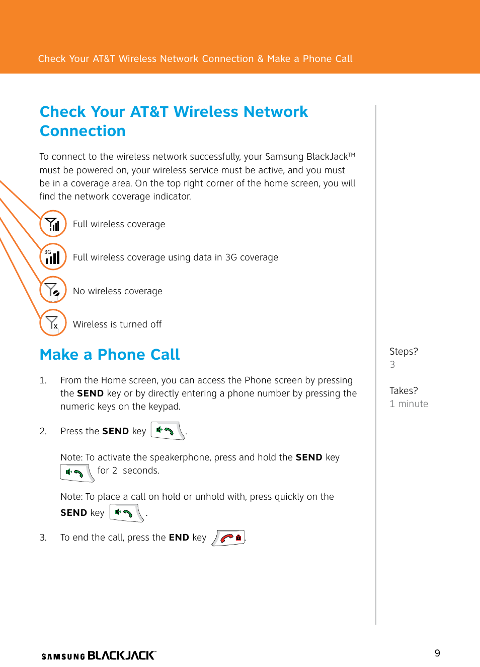 Check your at&t wireless network connection, Make a phone call | Samsung BlackJack User Manual | Page 9 / 38