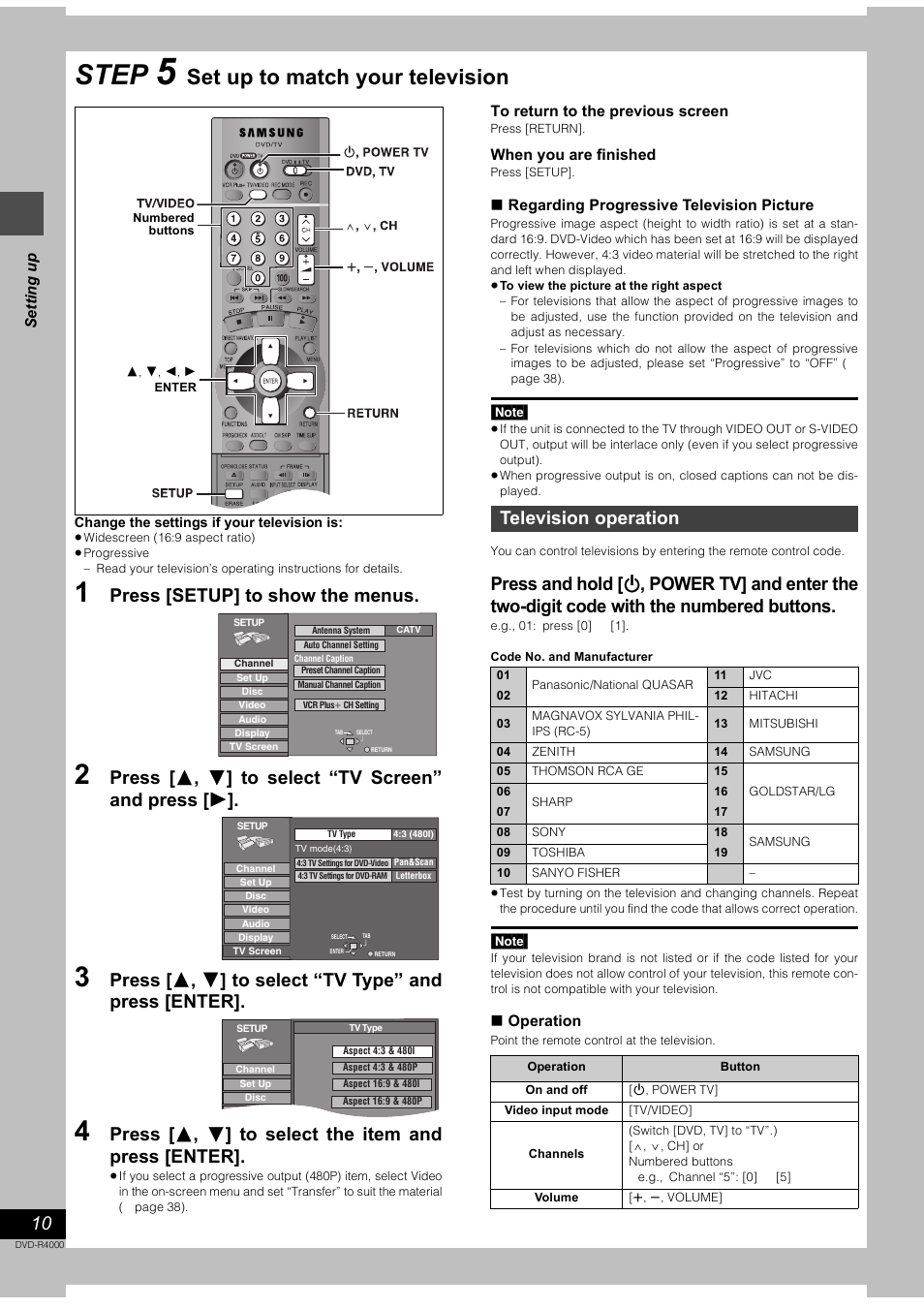 Step, Set up to match your television, Press [setup] to show the menus | Television operation | Samsung DVD-R4000 User Manual | Page 10 / 64