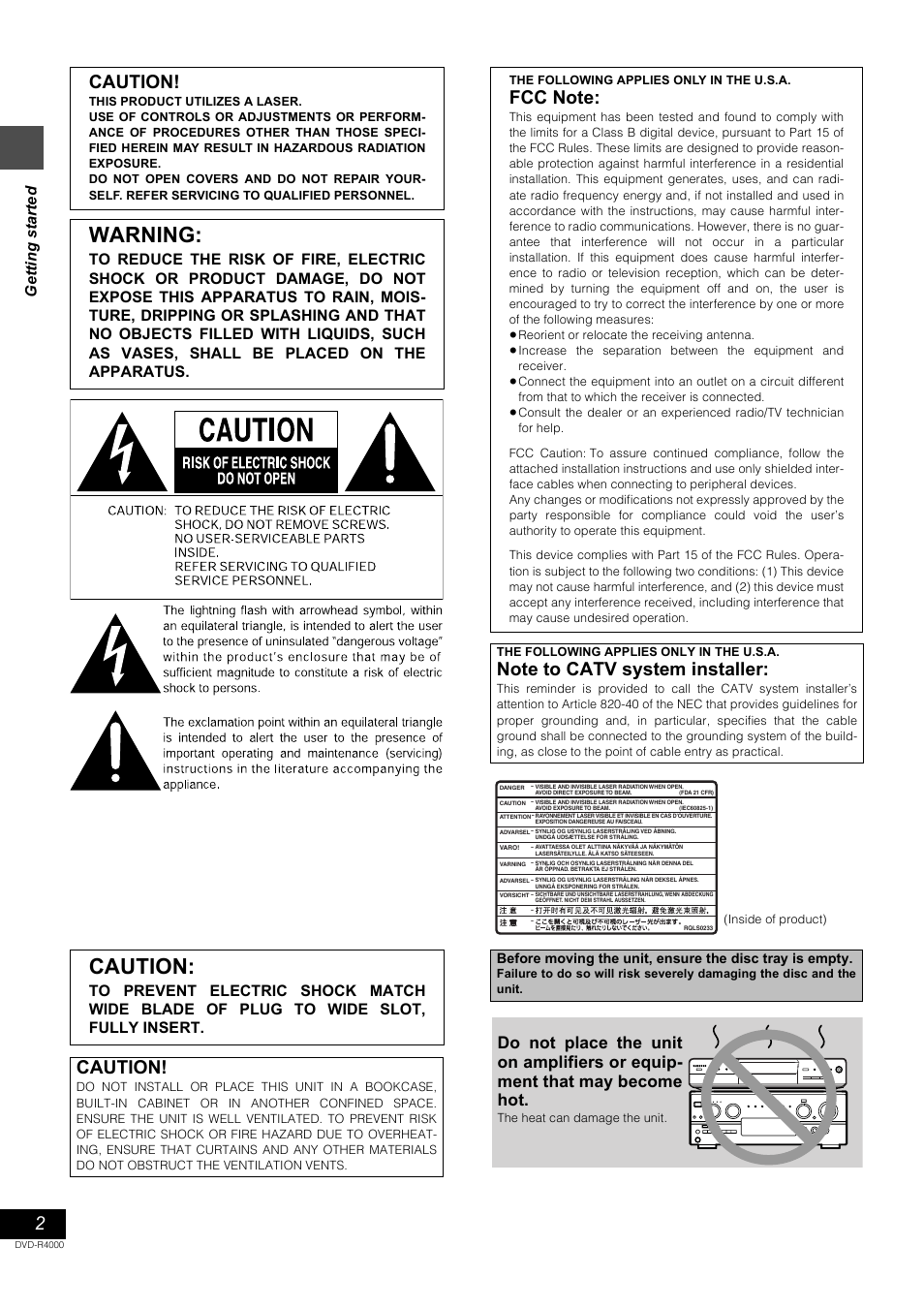 Warning, Caution, Get ti n g st ar te d | Samsung DVD-R4000 User Manual | Page 2 / 64