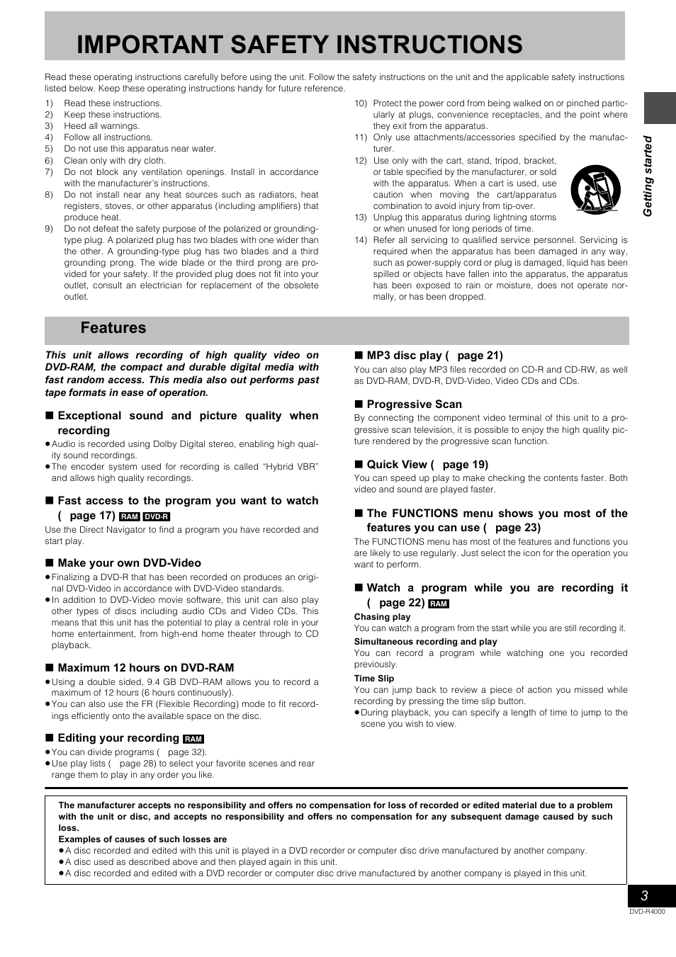 Important safety instructions, Features | Samsung DVD-R4000 User Manual | Page 3 / 64