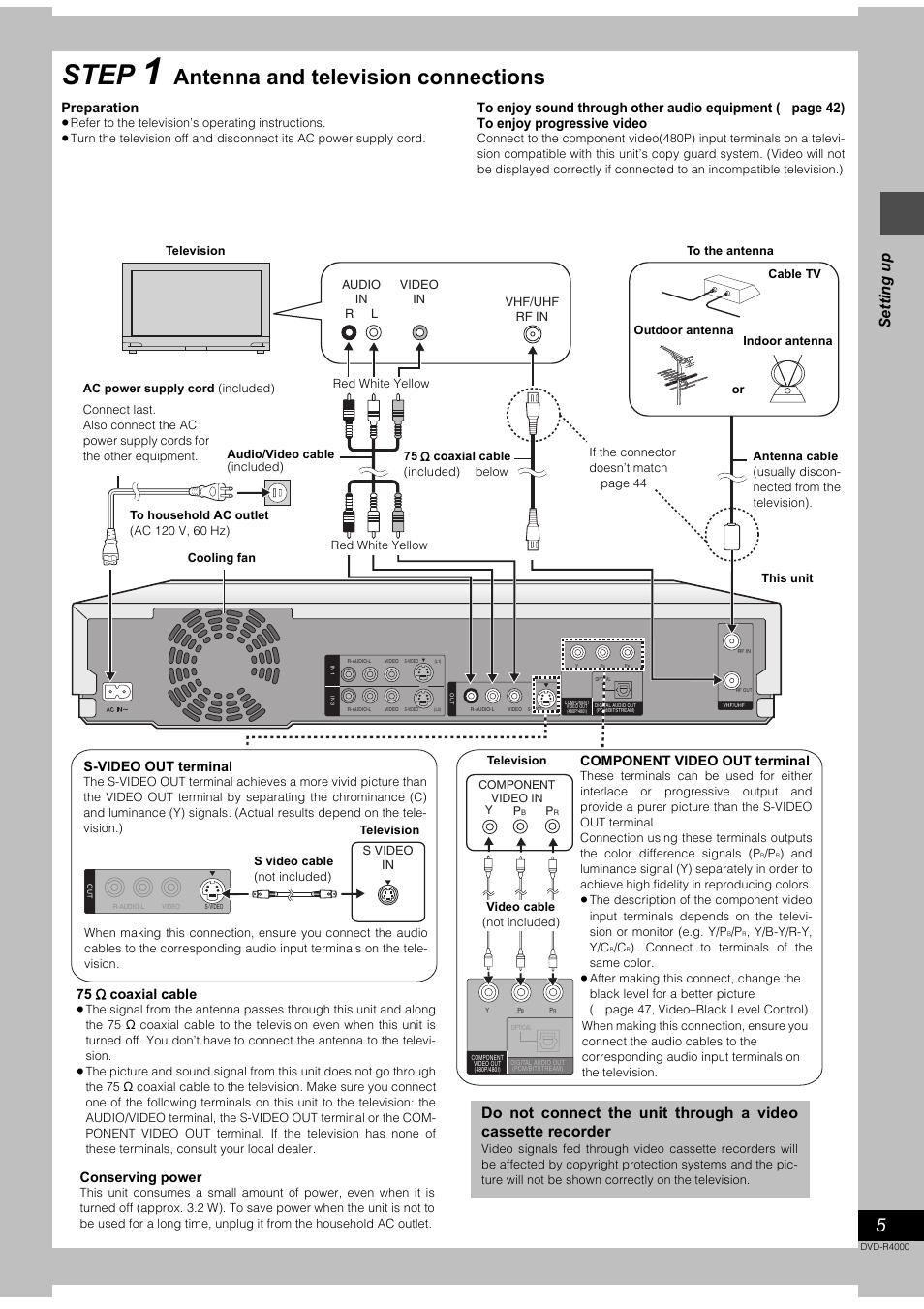 Step, Antenna and television connections, Se tt ing up | Preparation, Page 42) to enjoy progressive video, Component video out terminal, S-video out terminal, 75 ≠ coaxial cable, Conserving power | Samsung DVD-R4000 User Manual | Page 5 / 64