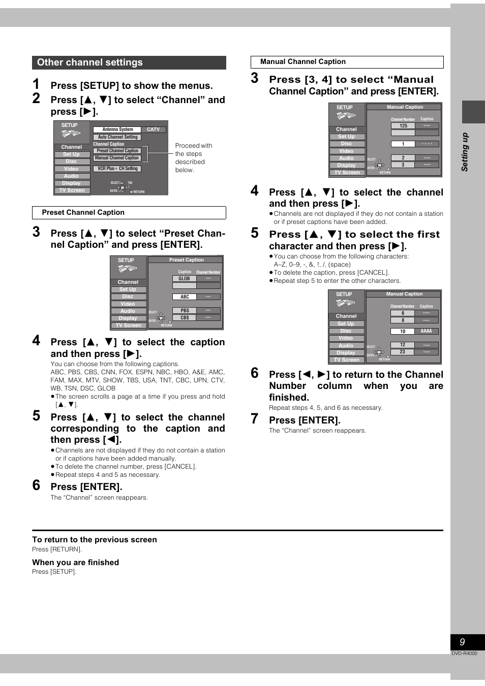 Press [setup] to show the menus, Press [ 3 , 4 ] to select “channel” and press [ 1, Press [enter | Other channel settings | Samsung DVD-R4000 User Manual | Page 9 / 64