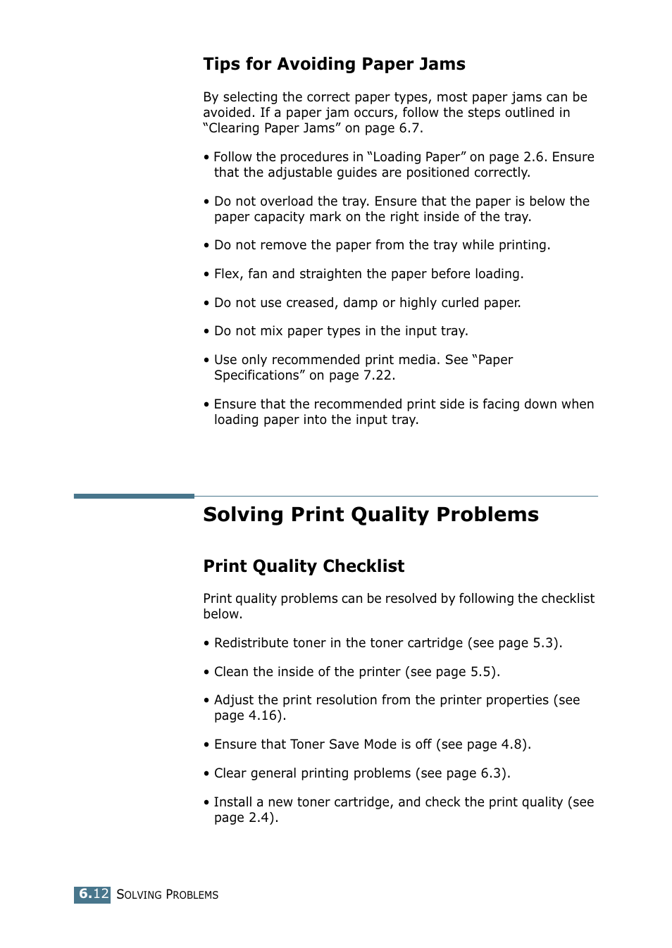 Tips for avoiding paper jams, Solving print quality problems, Print quality checklist | Samsung ML-1750 Series User Manual | Page 107 / 148