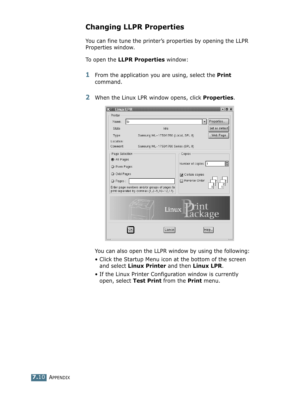 Changing llpr properties | Samsung ML-1750 Series User Manual | Page 129 / 148