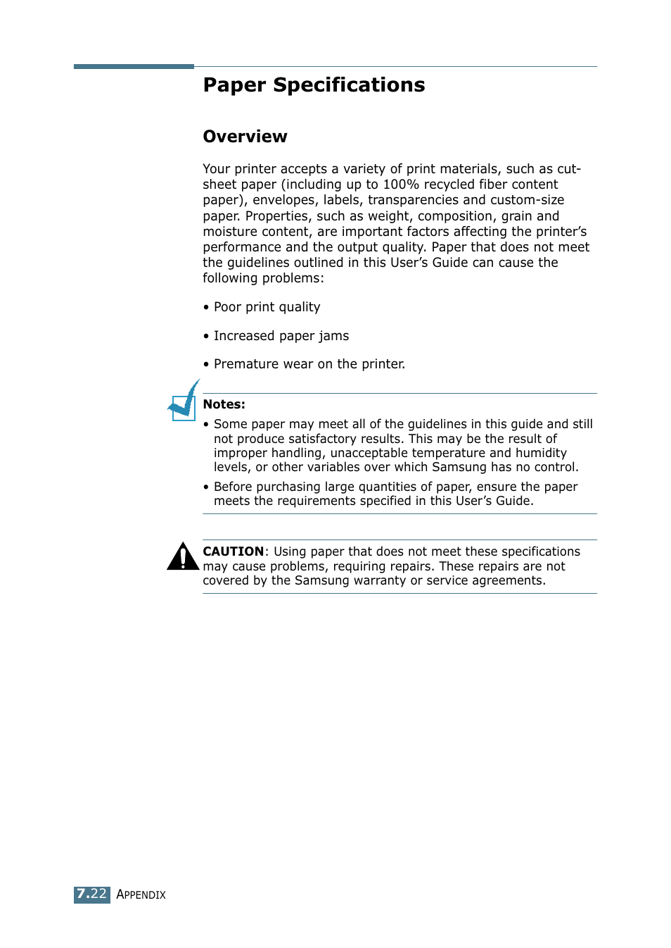 Paper specifications, Overview, Use only recommended print media. see “paper | See “paper | Samsung ML-1750 Series User Manual | Page 141 / 148