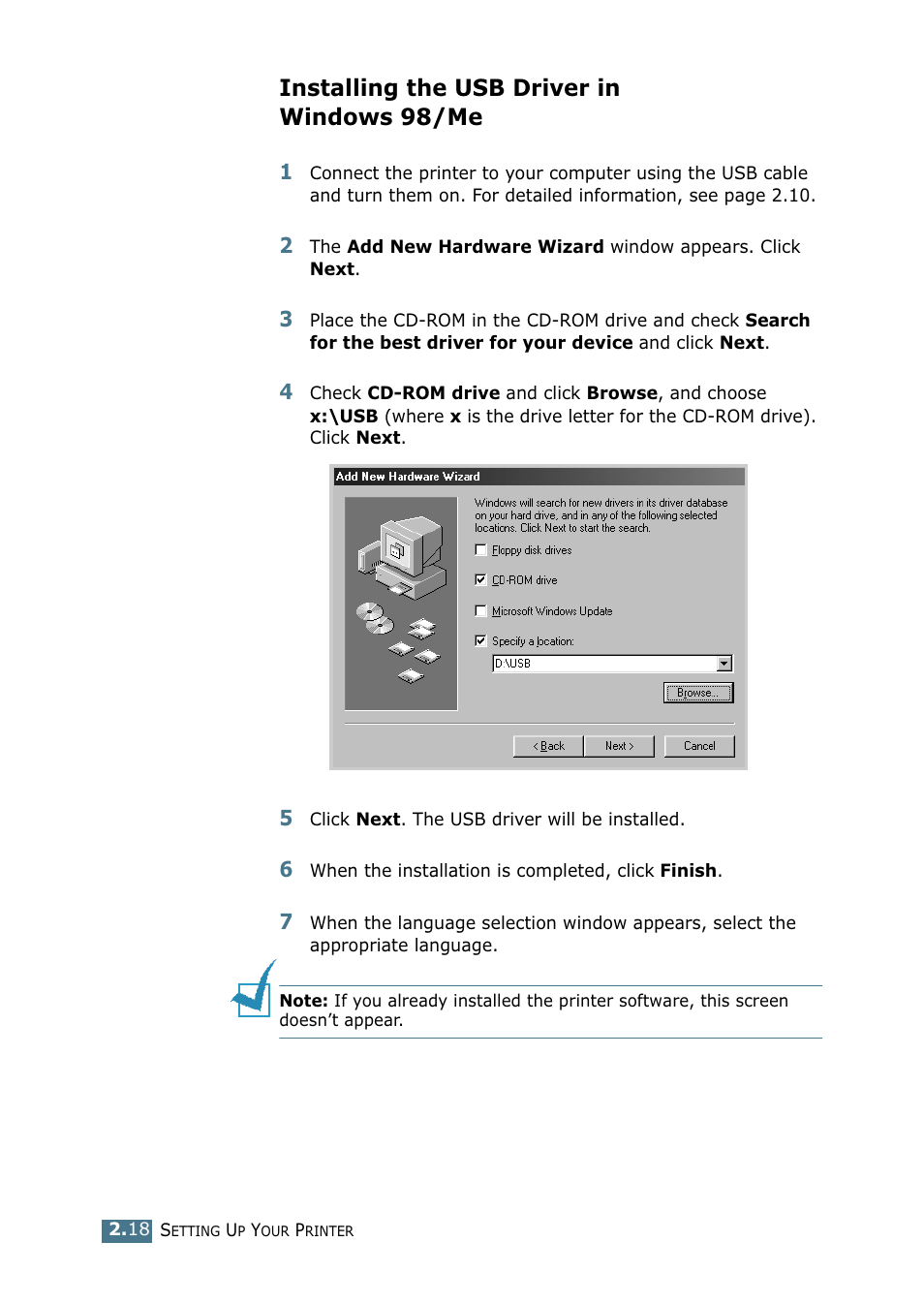 Installing the usb driver in windows 98/me | Samsung ML-1750 Series User Manual | Page 37 / 148