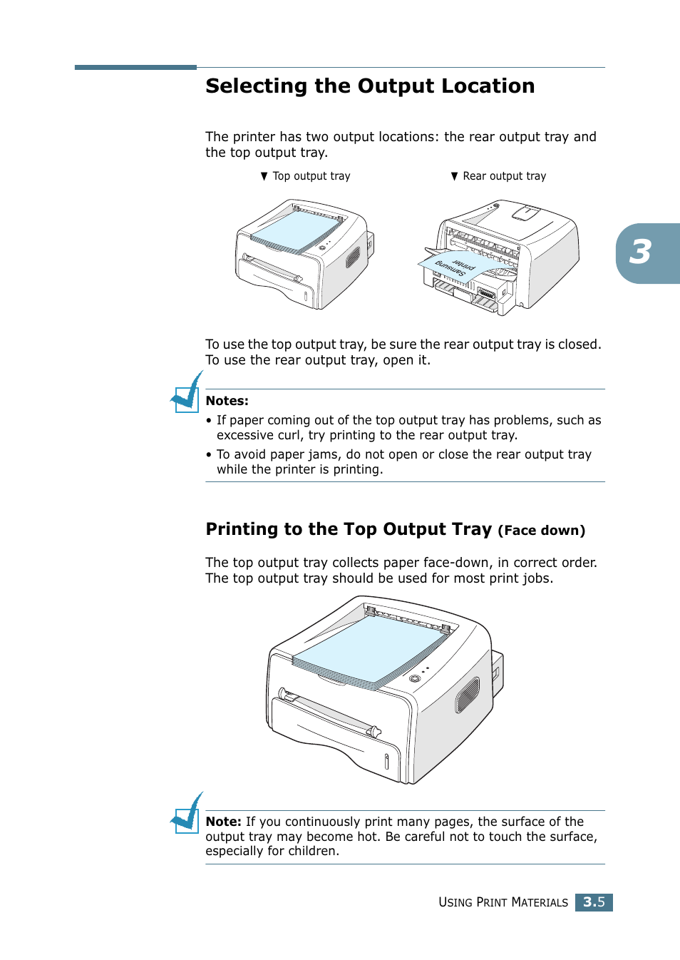 Selecting the output location, Printing to the top output tray (face down), Printing to the top output tray | Samsung ML-1750 Series User Manual | Page 44 / 148