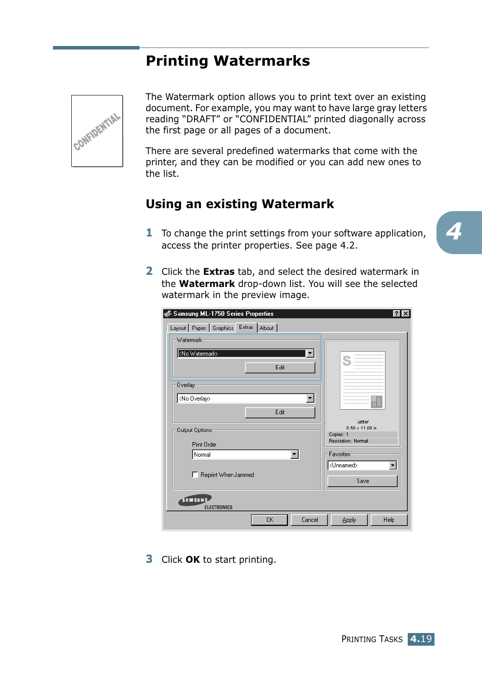 Printing watermarks, Using an existing watermark | Samsung ML-1750 Series User Manual | Page 76 / 148