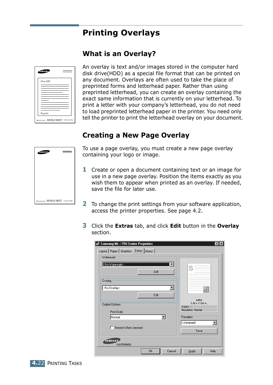 Printing overlays, What is an overlay, Creating a new page overlay | Samsung ML-1750 Series User Manual | Page 79 / 148