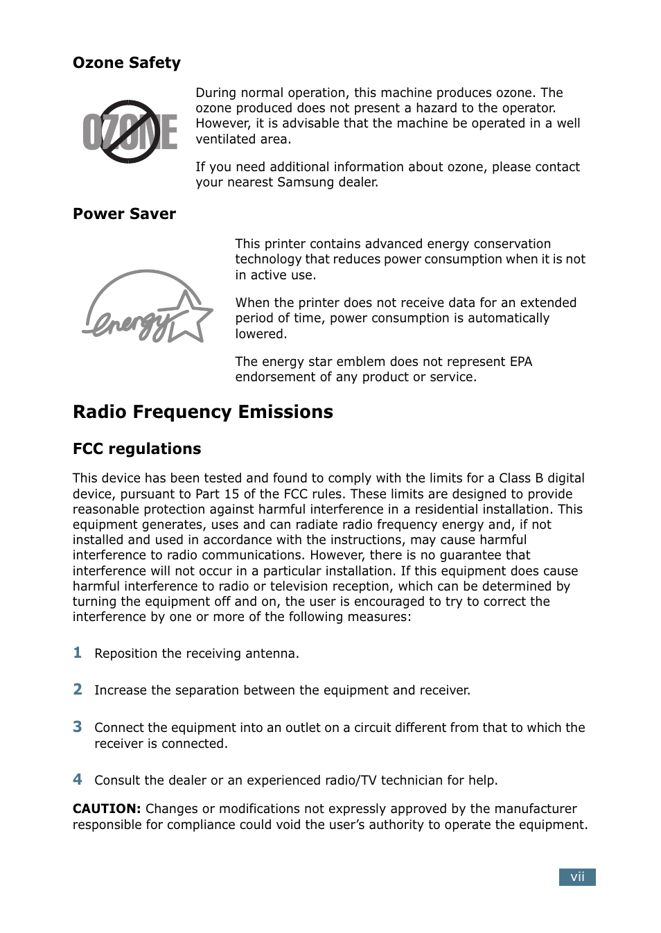 Radio frequency emissions | Samsung ML-1750 Series User Manual | Page 8 / 148