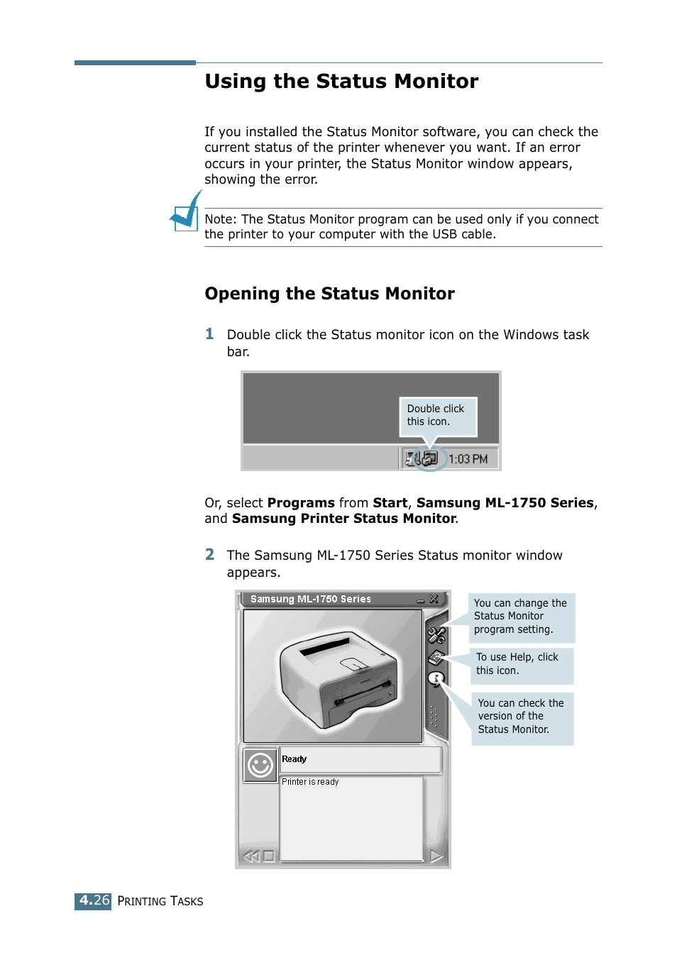 Using the status monitor, Opening the status monitor | Samsung ML-1750 Series User Manual | Page 83 / 148